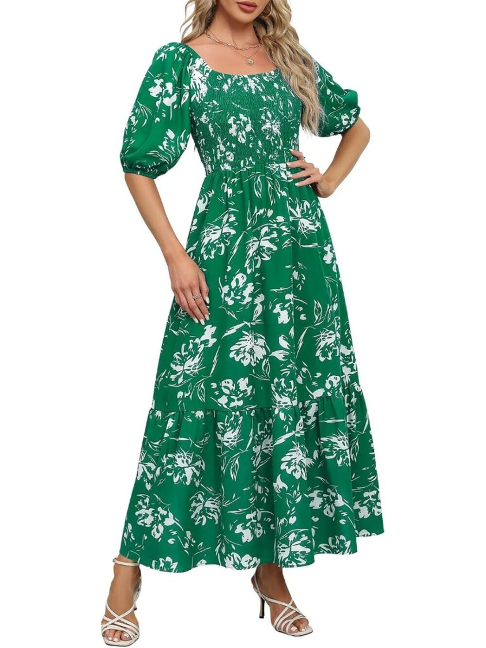 Women's Green Puff Sleeve Square Neck Tiered Ruffle Ankle Length Maxi Dress